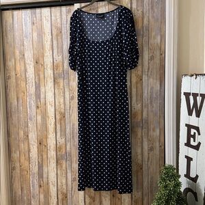 Connected Apparel Navy and White Polka Dot Long Sleeve Dress